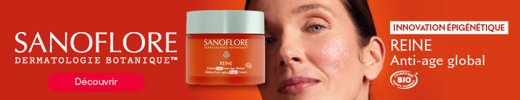 Bannière orange avec une femme de profil affichant des points blancs dessinés sur la joue. À gauche un pot Sanoflore Reine Crème Anti-âge Global est présenté. Le texte indique « SANOFLORE Dermatologie Botanique™ », un encadré « Innovation épigénétique », puis « Reine Anti-âge Global ». En bas à droite figure un macaron « Bio ».