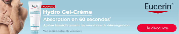 Bannière avec à gauche un homme appliquant une crème sur son bras. Au centre un tube « Eucerin AtopiControl Hydro Gel-Crème » avec la mention « NOUVEAU ». À droite figurent le logo « Eucerin » et le texte « Hydro Gel-Crème Absorption en 60 secondes* » et « Apaise immédiatement les sensations de démangeaison ». En bas un bouton rouge « Je découvre ».