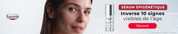 Visuel Eucerin montrant à gauche le visage d’une femme sur fond clair. À droite, un flacon de sérum est présenté. Un bandeau rouge indique « SÉRUM ÉPIGÉNÉTIQUE ». Le texte principal annonce « Inverse 10 signes visibles de l’âge ». Un bouton rouge affiche « Découvrir ». Le logo Eucerin apparaît.