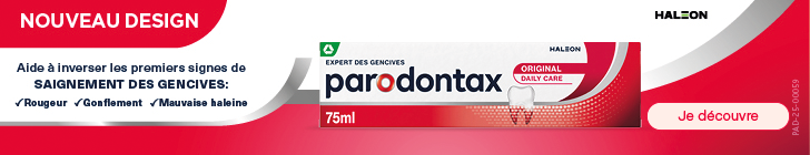 Banni&egrave;re publicitaire de Parodontax sur fond blanc-rouge. &Agrave; gauche : &laquo; nouveau design &raquo;, suivi par un emballage de Parodontax (blanc-rouge) de 75 ml. Au centre en bas, le texte : &laquo; Aide &agrave; inverser les premiers signes de SAIGNEMENT DES GENCIVES : Rougeur &ndash; Gonflement &ndash; Mauvaise haleine &raquo;. En haut &agrave; droite, le logo Haleon et au centre un bouton rose &laquo; je d&eacute;couvre &raquo;