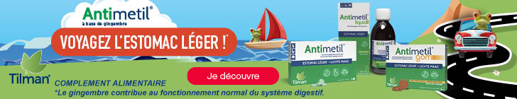 Bannière avec logo Antimetil, mention « à base de gingembre » et slogan « VOYAGEZ L’ESTOMAC LÉGER ! ». Pictogrammes voiture, avion, bateau, textes « Sans somnolence » et « 30 min. avant le départ ». À droite : produits Antimetil près d’une route avec voiture et grenouille. En bas : logo Tilman, « COMPLÉMENT ALIMENTAIRE » et bouton « Je découvre ».