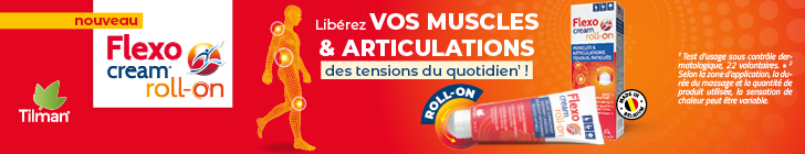 Fond rouge la mention "nouveau - Flexo cream roll-on". Au centre une silhouette avec articulations mises en évidence. À droite un emballage "Flexo cream roll-on - Made in Belgium". En haut le texte "Libérez VOS MUSCLES & ARTICULATIONS des tensions du quotidien !". À côté des puces "Effet chauffant² - Très bonne tolérance cutanée - Fragrance très légère".