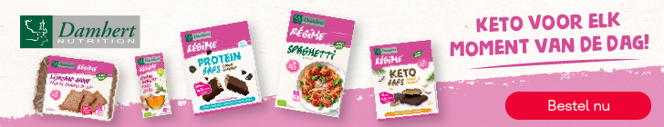 Roze-witte banner met links het logo "Damhert Nutrition". Verschillende producten uit de lijn "R&eacute;gime" zijn afgebeeld: "Protein Bars", "Spaghetti", "Keto Bars Peanut" en "Linzaad Brood &ndash; Pain de graines de lin". Rechts staat de tekst "Keto voor elk moment van de dag!". Rechtsonder een rode knop "Bestel nu".