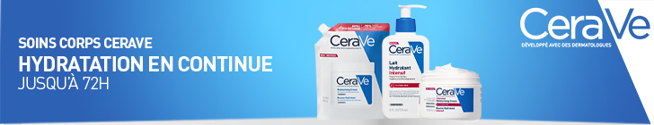 Visuel sur fond dégradé bleu. À gauche, le texte SOINS CORPS CERAVE et le titre HYDRATATION EN CONTINUE JUSQU’À 72H. Un bouton rouge indique J’en profite. À droite, trois produits CeraVe sont visibles : une recharge souple, un flacon pompe Lait Hydratant Intensif et un pot Moisturising Cream. En haut à droite figure le logo CeraVe avec la mention DÉVELOPPÉ AVEC DES DERMATOLOGUES.