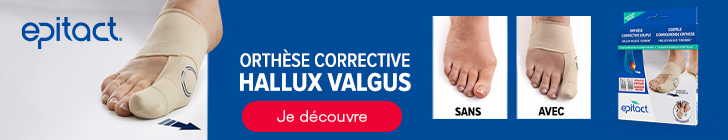 Banni&egrave;re pour l&rsquo;orth&egrave;se corrective Hallux Valgus d&rsquo;Epitact. Une personne porte une orth&egrave;se beige au niveau du pied. &Agrave; droite, deux images comparent un pied &laquo; sans &raquo; et &laquo; avec &raquo; orth&egrave;se pour illustrer l&rsquo;alignement du gros orteil. Bouton rouge &laquo; Je d&eacute;couvre &raquo; sur fond bleu.