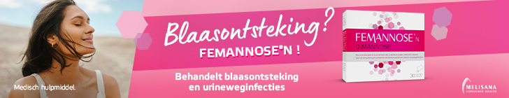 Banner met links een vrouw aan zee. In het midden staat de tekst "Blaasontsteking? FEMANNOSE&reg; N!" en daaronder "Behandelt blaasontsteking en urineweginfecties". Rechts staat een doos "FEMANNOSE&reg; D-MANNOSE" en een rode knop "Bestel nu". Onderaan links staat "Medisch hulpmiddel" en rechts het logo "Melisana".