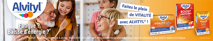Banni&egrave;re avec le logo &laquo; Alvityl &raquo;. Une sc&egrave;ne montre un homme &acirc;g&eacute; et une femme souriants avec deux enfants. Au centre et &agrave; gauche, des bo&icirc;tes &laquo; Alvityl Vitalit&eacute; 50+ &raquo;, &laquo; Alvityl Boost Flash &raquo; et Alvityl Vitalit&eacute; comprim&eacute;s &agrave; avaler. Le texte affiche Fatigue ? Baisse d&rsquo;&eacute;nergie ? et Faites le plein de VITALIT&Eacute; avec ALVITYL&reg; !.
