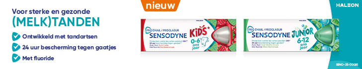 Advertentie voor Sensodyne Kids en Junior met witte en blauwe achtergrond. Links de tekst “Voor sterke en gezonde (melk)tanden. Ontwikkeld met tandartsen. 24 uur bescherming tegen gaatjes. Met fluoride. Onderaan een rode knop “bestel nu”. Rechts 2 verpakkingen van Sensodyne kids en junior en het logo van Haleon.