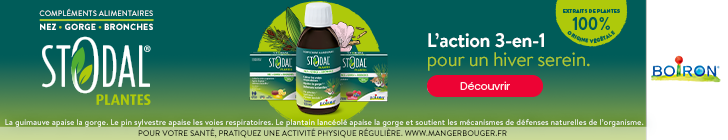 Banni&egrave;re verte pour le compl&eacute;ment alimentaire Stodal Plantes. &Agrave; gauche figurent les mentions &laquo; COMPL&Eacute;MENTS ALIMENTAIRES &raquo; et &laquo; NEZ &bull; GORGE &bull; BRONCHES &raquo;, et des visuels de plantes. Au centre sont montr&eacute;s un flacon et des bo&icirc;tes Stodal Plantes. &Agrave; droite, le texte &laquo; L&rsquo;action 3-en-1 pour un hiver serein. &raquo;. &laquo; EXTRAITS DE PLANTES 100% D&rsquo;ORIGINE V&Eacute;G&Eacute;TALE &raquo;.