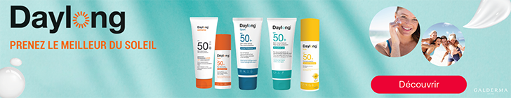 Bannière Daylong avec le slogan « PRENEZ LE MEILLEUR DU SOLEIL ». Cinq produits solaires Daylong SPF 50+ sont présentés sur fond bleu. Un badge affiche « Jusqu’à -35 % ». Un bouton CTA indique « Découvrir ». Logo Daylong à gauche et logo Galderma en bas à droite.