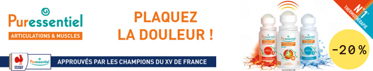 Banni&egrave;re Puressentiel avec logo et mention &laquo; ARTICULATIONS &amp; MUSCLES &raquo;. &Agrave; gauche, le texte &laquo; PLAQUEZ LA DOULEUR ! &raquo;. &Agrave; droite, trois rollers pr&eacute;sent&eacute;s avec effets visuels rouge chaleur et bleu froid. Un ruban orange indique &laquo; N&deg;1 &raquo; et &laquo; VENTES EN PHARMACIE &raquo;. En bas, bandeau bleu &laquo; APPROUV&Eacute;S PAR LES CHAMPIONS DU XV DE FRANCE &raquo; avec logos FFR et Puressentiel.
