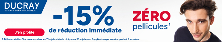 Banni&egrave;re promotionnelle Ducray. En haut &agrave; gauche figure le logo &laquo; DUCRAY SCIENCE DERMATOLOGIQUE &raquo;. Au centre, le message principal affiche &laquo; -15% de r&eacute;duction imm&eacute;diate &raquo;. En haut &agrave; droite, la mention &laquo; Z&Eacute;RO pellicules&sup1; &raquo;. &Agrave; droite de la banni&egrave;re appara&icirc;t le visage d&rsquo;un homme aux cheveux fonc&eacute;s sur fond clair.