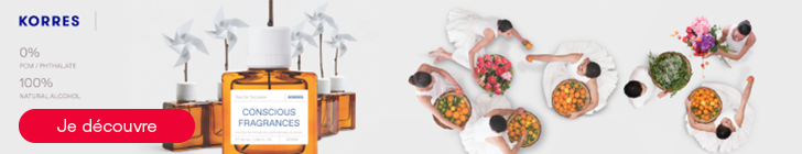Bannière Korres avec à gauche le logo et le texte « 0% PCM / Phtalates – 100% Natural Alcohol ». Au centre, des femmes en robes blanches disposées en cercle tiennent des paniers remplis de fleurs et de fruits. À droite, plusieurs flacons ambrés « Conscious Fragrances » ornés de moulins blancs. En bas à gauche, un bouton rouge « Je découvre ».