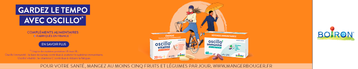 Bandeau orange de la marque Boiron avec deux personnages : une femme tenant un parapluie et un homme à vélo. Le texte principal indique « Gardez le tempo avec Oscillo® ». En bas, deux boîtes de compléments alimentaires « Oscillo Vitalité » et « Oscillo Immunité ». À droite, texte « Compléments alimentaires – Fabriqués en France » et bouton bleu « En savoir plus ».