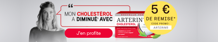 Banni&egrave;re publicitaire pour Arterin avec un fond gris. &Agrave; gauche, une femme en noir et blanc et une bulle de texte : &laquo; Mon cholest&eacute;rol a diminu&eacute; avec Arterin &raquo;. &Agrave; droite, une bo&icirc;te d&rsquo;Arterin. En bas, un bouton rouge &laquo; je d&eacute;couvre &raquo; et un texte concernant les st&eacute;rols v&eacute;g&eacute;taux.
