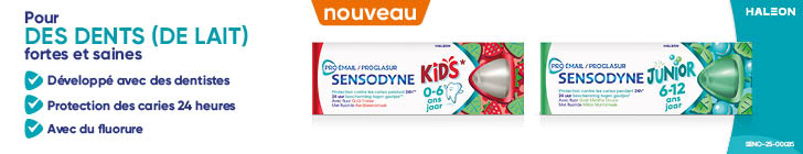 Publicité pour Sensodyne Kids et Junior avec un fond blanc et bleu. À gauche, le texte : « Pour des dents (de lait) fortes et saines. Développé avec des dentistes. Protection des caries 24 heures. Avec du fluorure. » En bas, un bouton rouge « Je découvre ». À droite, deux emballages Sensodyne Kids et Junior, ainsi que le logo de Haleon