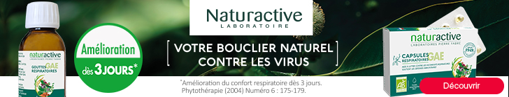 Gouttes Respiratoires GAE et Capsules Respiratoires GAE de la gamme ORL de la marque Naturactive accompagnés d’une vignette soulignant l’amélioration du confort respiratoire dès 3 jours.