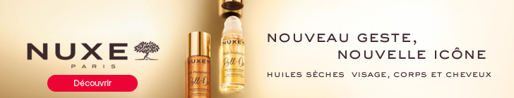Banni&egrave;re publicitaire de la marque NUXE Paris pr&eacute;sentant deux flacons de l&rsquo;huile s&egrave;che &quot;Huile Prodigieuse Roll-On&quot; pour le visage, le corps et les cheveux. Slogan : &quot;Nouveau geste, nouvelle ic&ocirc;ne&quot;. Bouton rouge avec le mot &quot;D&eacute;couvrir&quot;
