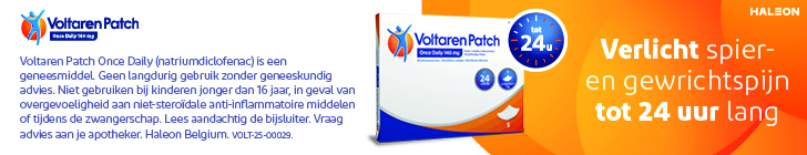 Banner met links het logo Voltaren Patch en tekstblok. Rechts de tekst "Verlicht spier- en gewrichtspijn tot 24 uur lang" in oranje en wit. Een klokpictogram toont "tot 24u". Afbeelding van de Voltaren Patch Once Daily 140 mg verpakking met icoontjes voor "tot 24u" en "1 patch per dag". Haleon-logo rechtsboven.
