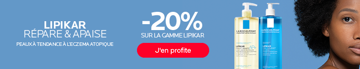 Fond bleu. &Agrave; gauche, le titre &laquo; LIPIKAR R&Eacute;PARE &amp; APAISE &raquo; appara&icirc;t au-dessus du texte &laquo; PEAUX &Agrave; TENDANCE &Agrave; L&rsquo;ECZ&Eacute;MA ATOPIQUE &raquo;. Au centre sont pr&eacute;sent&eacute;s deux produits La Roche-Posay Lipikar avec pompe. &Agrave; droite, une femme est visible de face et applique une cr&egrave;me blanche sur son &eacute;paule. Les logos La Roche-Posay figurent sur les emballages.