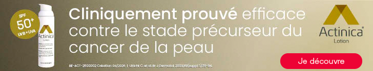 Flacon Actinica Lotion &agrave; gauche avec un badge dor&eacute; &laquo; SPF 50+ UVB + UVA &raquo;. Grand texte au centre &laquo; Cliniquement prouv&eacute; efficace contre le stade pr&eacute;curseur du cancer de la peau &raquo;. &Agrave; droite figure le logo Actinica Lotion. En bas une ligne de r&eacute;f&eacute;rence. Bouton rouge &laquo; Je d&eacute;couvre &raquo; &agrave; droite.