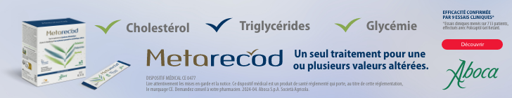 Bannière Aboca sur fond dégradé gris clair. En haut, trois mentions avec coches : « Cholestérol », « Triglycérides » et « Glycémie ». Au centre, le produit Metarecod avec sa boîte et des sachets. Le texte indique « Metarecod » puis « Un seul traitement pour une ou plusieurs valeurs altérées. ». Un badge vert affiche « ZÉRO SUCRE AJOUTÉ ».
