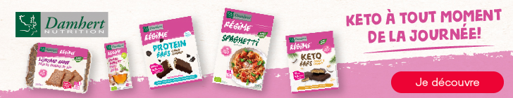 Banni&egrave;re rose et blanche avec &agrave; gauche le logo &laquo; Damhert Nutrition &raquo;. Plusieurs produits &laquo; R&eacute;gime &raquo; sont pr&eacute;sent&eacute;s : &laquo; Protein Bars &raquo;, &laquo; Spaghetti &raquo;, &laquo; Keto Bars Peanut &raquo; et &laquo; Linzaad Brood Pain de graines de lin &raquo;. &Agrave; droite figure le texte &laquo; Keto &agrave; tout moment de la journ&eacute;e ! &raquo;. En bas &agrave; droite, un bouton rouge &laquo; Je d&eacute;couvre &raquo;.