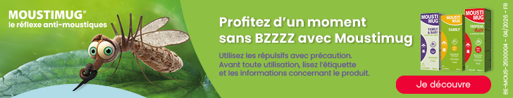 Bannière Moustimug avec un moustique illustré sur une feuille verte. Texte : « MOUSTIMUG, le réflexe anti-moustiques » et « Profitez d’un moment sans BZZZZ ». Produits présentés : Moustimug Baby, Moustimug Family et Moustimug Tropical Max. Bouton « Je découvre ».