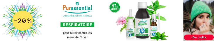 Bannière Puressentiel "Laboratoire de santé naturelle". Titre vert "Respiratoire" avec texte "pour lutter contre les maux de l’hiver". Trois produits sont montrés : un spray nasal, un sirop "Respiratoire Sirop Toux Soulage la toux", et un spray gorge. Badge vert "N°1 du naturel". À droite, une femme en bonnet vert touche son nez. Bouton vert "J’en profite !".