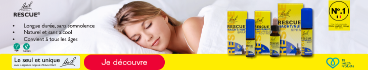 Publicité pour Bach Rescue Nuit, avec en arrière-plan une photo d’une femme endormie. À gauche, le texte : « Longue durée, sans somnolence – Naturel et sans alcool – Convient à tous les âges ». À droite, trois produits différents Bach Rescue Nuit. En bas, une bande jaune avec le logo et la signature d’Edward Bach, un bouton rouge « Je découvre » et le logo de TS Health Products.