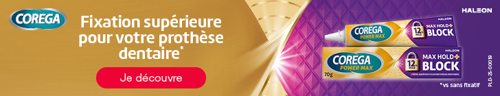 Publicit&eacute; pour Corega avec un fond dor&eacute; et violet. &Agrave; gauche, le logo Corega avec en dessous le texte : &laquo; Fixation sup&eacute;rieure pour votre proth&egrave;se dentaire* &raquo; et, en dessous, un bouton rouge &laquo; Je d&eacute;couvre &raquo;. En haut &agrave; droite, le logo Haleon, avec en dessous un emballage et un tube de Corega Max Hold+ Block. En bas, un petit texte : &laquo; *vs sans fixatif &raquo;.