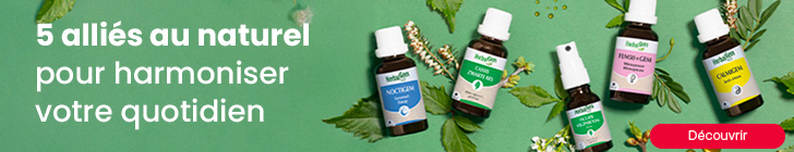 Banni&egrave;re verte avec feuilles et 5 flacons HerbaGem pos&eacute;s au centre, &eacute;tiquettes color&eacute;es : &quot;Noctigem&quot;, &quot;Cassis jeunes pousses&quot;, &quot;Fem50+Gem&quot;, &quot;Relaxigem&quot;, &quot;Chamgem&quot;. &Agrave; gauche, texte &laquo; 5 alli&eacute;s au naturel pour harmoniser votre quotidien &raquo; en blanc. En bas, un bouton rouge indique &laquo; D&eacute;couvrir &raquo;