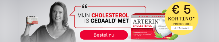 Reclamebanner voor Arterin met grijze achtergrond. Links een vrouw met een doos Arterin en een tekstballon met de tekst: &ldquo;Mijn cholesterol is gedaald met Arterin&rdquo;. Eronder een rode knop &ldquo;bestel nu&rdquo;. Rechts een rode doos Arterin. Onderaan een claimtekst over plantensterolen.