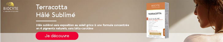 Bannière avec le logo BIOCYTE Laboratoire et le titre « Terracotta Hâlé Sublimé - Hâle sublimé sans exposition au soleil grâce à une formule concentrée en 4 pigments naturels, sans bêta-carotène». À droite une boîte « BIOCYTE TERRACOTTA HÂLÉ SUBLIMÉ » et une femme à l’épaule bronzée. En bas un bouton rouge « Je découvre ».