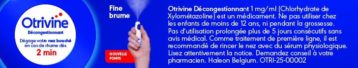 Bannière pour Otrivine Décongestionnant. À gauche, un cercle blanc avec le logo et le texte : “Dégage votre nez bouché en cas de rhume dès 2 min”. Au centre, une main utilise un spray nasal avec une fine brume. À côté : “Fine brume” et “Nouvelle pompe” dans un encadré rouge. À droite, texte médical.