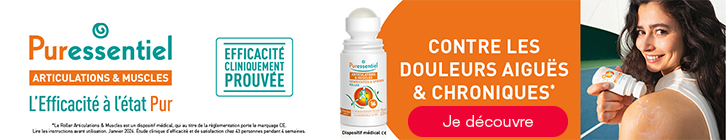 Publicit&eacute; pour Puressentiel Articulations &amp; Muscles avec un fond blanc et orange. &Agrave; gauche, le logo et le texte : "L'Efficacit&eacute; &agrave; l'&eacute;tat pur &ndash; efficacit&eacute; cliniquement prouv&eacute;e". Au centre, un roller avec le texte : Contre les douleurs aigu&euml;s et chroniques*" et un bouton rouge "Je d&eacute;couvre", avec &agrave; droite une photo d&rsquo;une femme utilisant le roller sur son &eacute;paule.