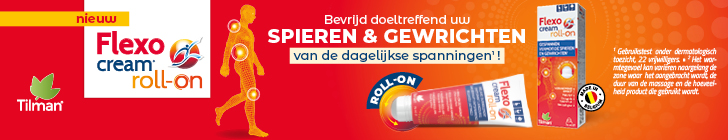 Rode achtergrond met links het label "nieuw" en "Flexo cream roll-on". In het midden een silhouet van een lichaam met gemarkeerde gewrichten. Rechts een verpakking en tube "Flexo cream roll-on" met label "ROLL-ON" en "Made in Belgium". Bovenaan staat "Bevrijd doeltreffend uw SPIEREN & GEWRICHTEN van de dagelijkse spanningen!". Daarnaast bullets "Verwarmend effect² -Zeer goede huidtolerantie -Lichte geur".
