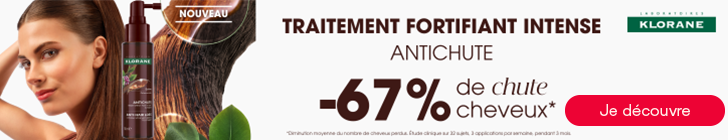 Publicit&eacute; pour Klorane avec un fond blanc. &Agrave; gauche, une femme aux cheveux doux et un flacon de S&eacute;rum anti-chute Klorane. &Agrave; c&ocirc;t&eacute;, une goutte portant la mention &laquo; nouveau &raquo;. &Agrave; droite, le logo Klorane et le texte : &laquo; Traitement fortifiant intense antichute. &minus;67 % de perte de cheveux*. &raquo; En bas, un bouton rouge &laquo; Je d&eacute;couvre &raquo;. En bas &agrave; gauche, un petit texte.
